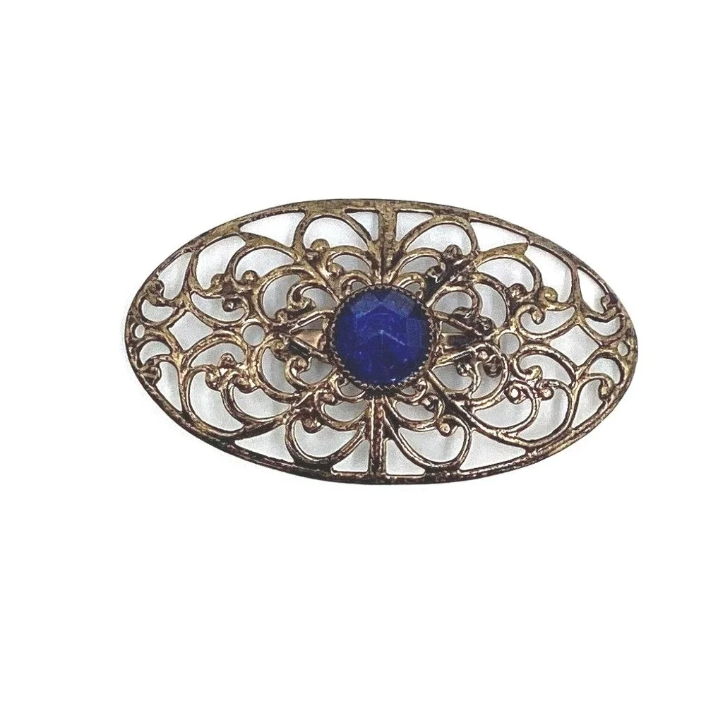 1940s Filigree Oval Brooch‎ Gold Tone Blue Glass Stone Victorian Style Pin